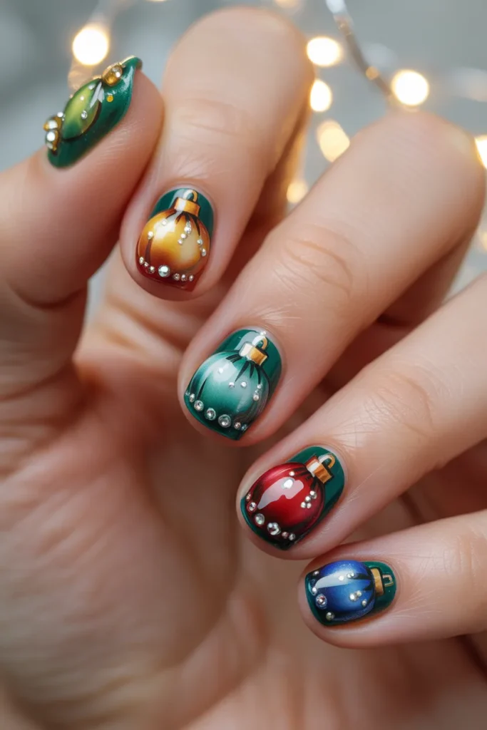 ornament nail art, colorful baubles