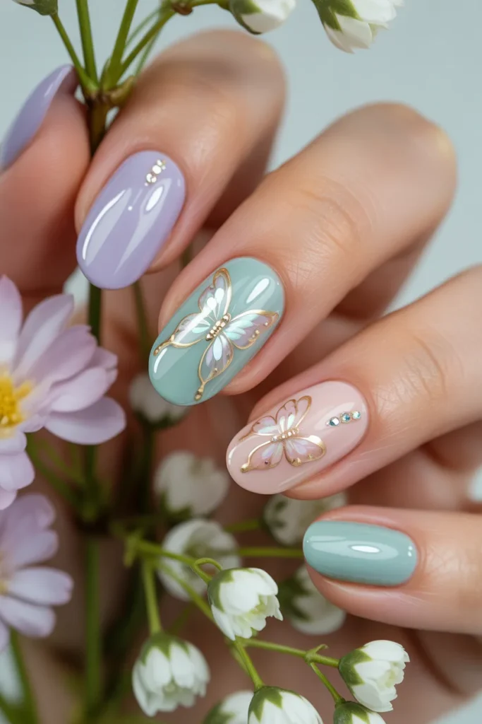 pastel nails with delicate butterfly designs