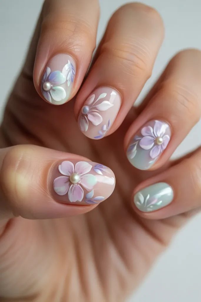pastel nails with hand-painted flowers and pearl centers