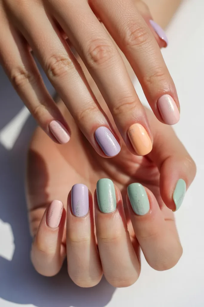 pastel nails with soft glitter shimmer