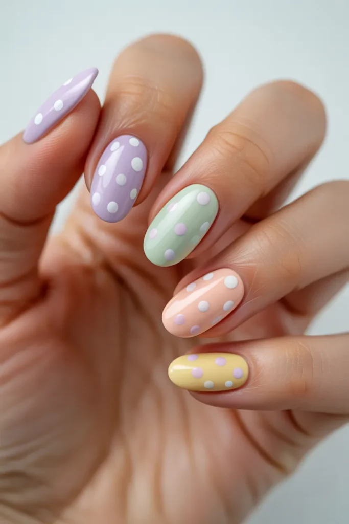 pastel nails with white polka dots