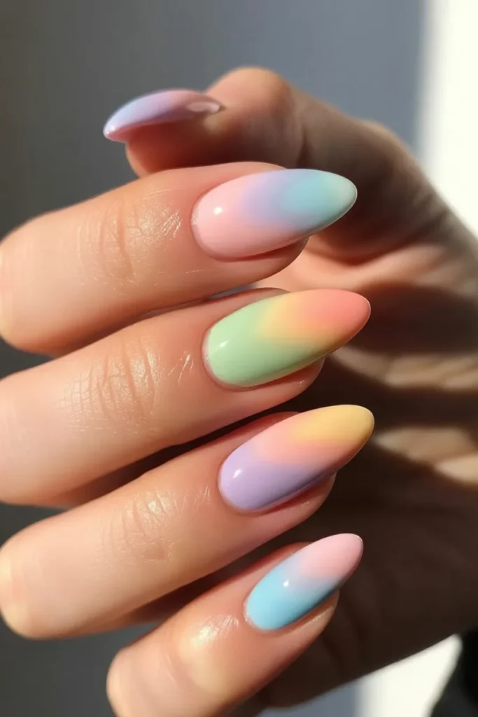 pastel rainbow almond nails, soft spring colors