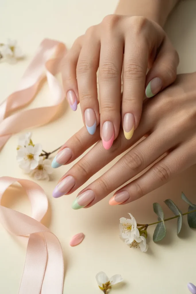pastel rainbow french tip nails
