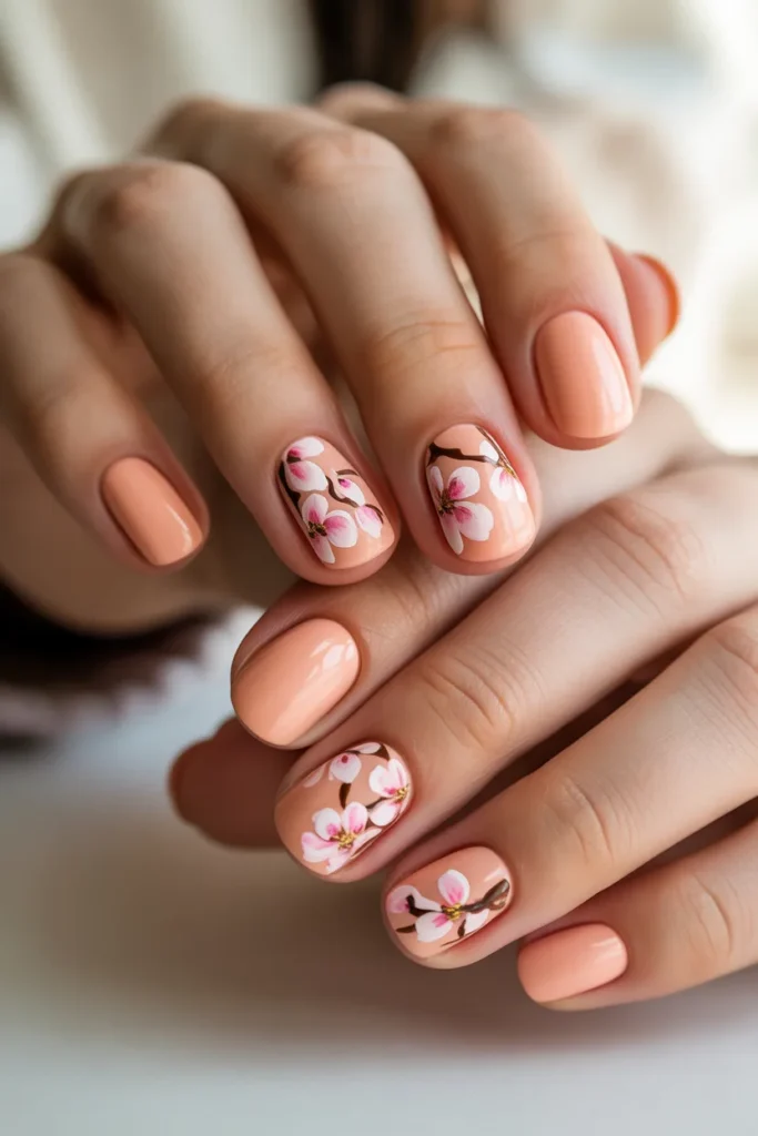 peach colored nails with blossom flower art, soft matte finish