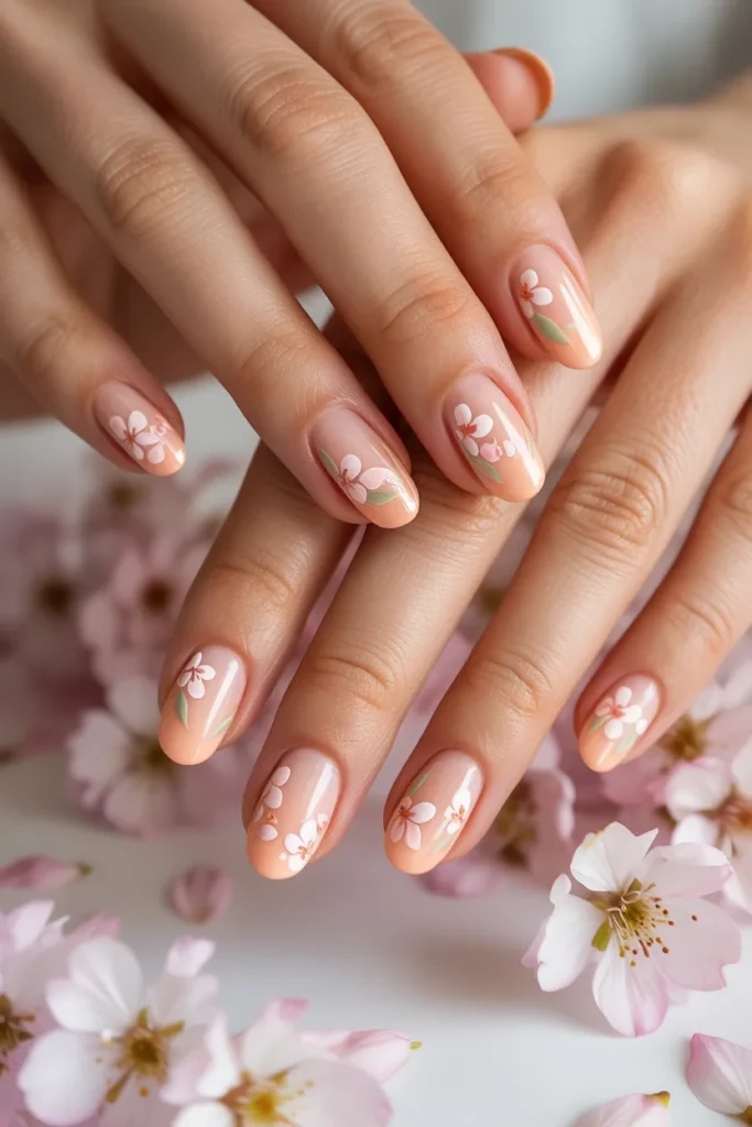 peach floral french tip nails