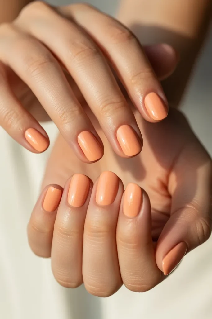 peach solid color nails, warm pastel tone
