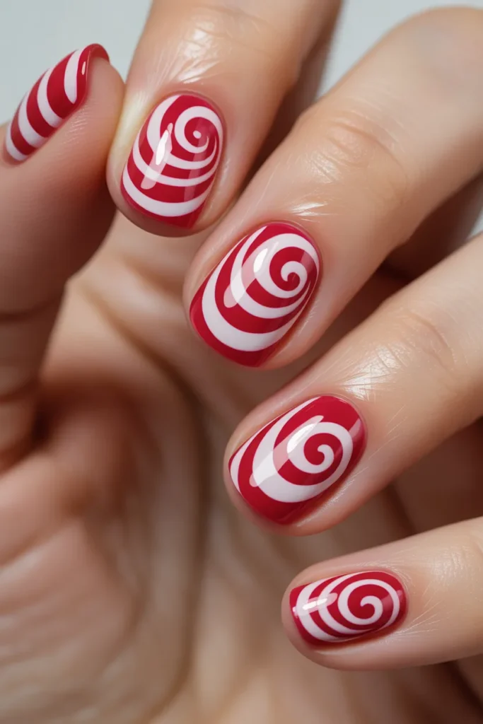 peppermint swirl nails, red white spiral