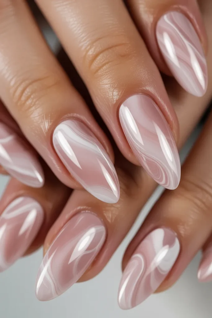 pink marble effect nails with white swirls, glossy almond nails