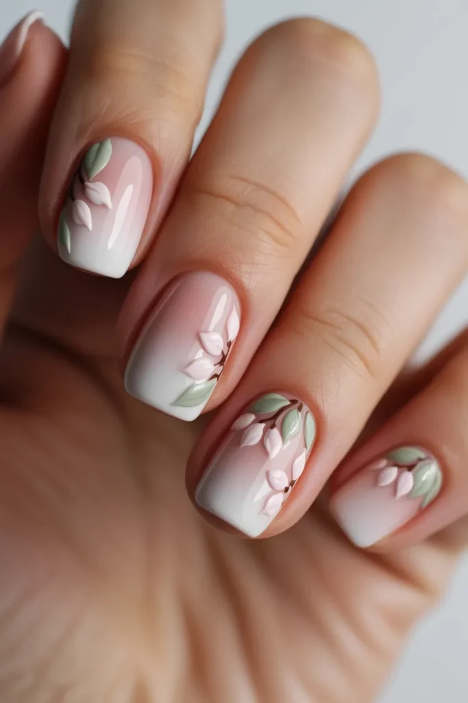 pink-to-white French fade nails with floral details