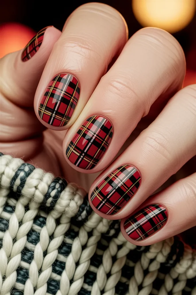plaid nail design, red black lines