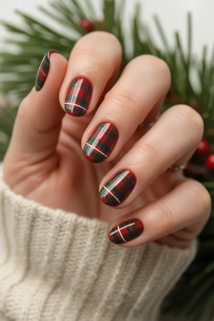 plaid nail design red green