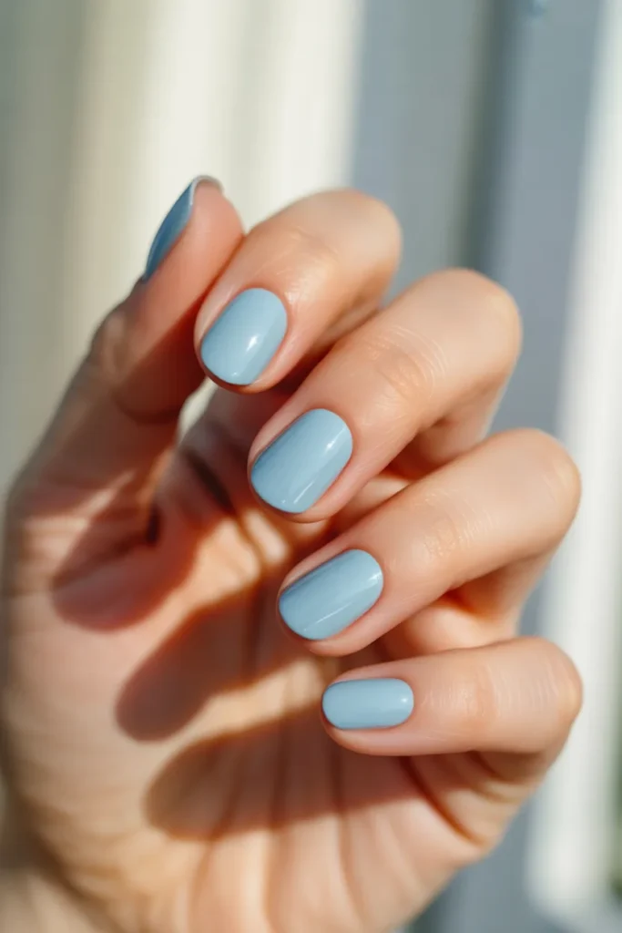 powder blue nails, soft pastel solid color