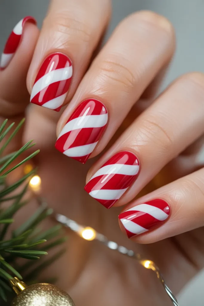 red and white striped candy cane nails