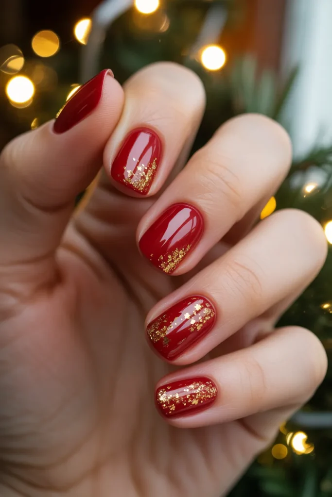 red nails with gold glitter accents