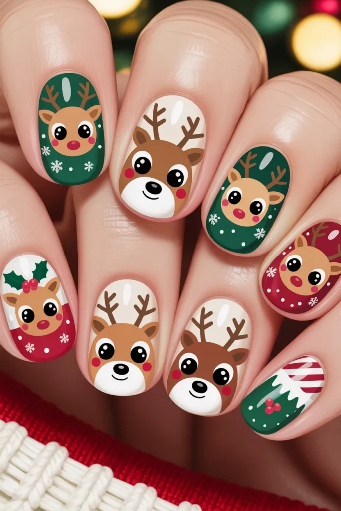 reindeer nail art, cute cartoon style