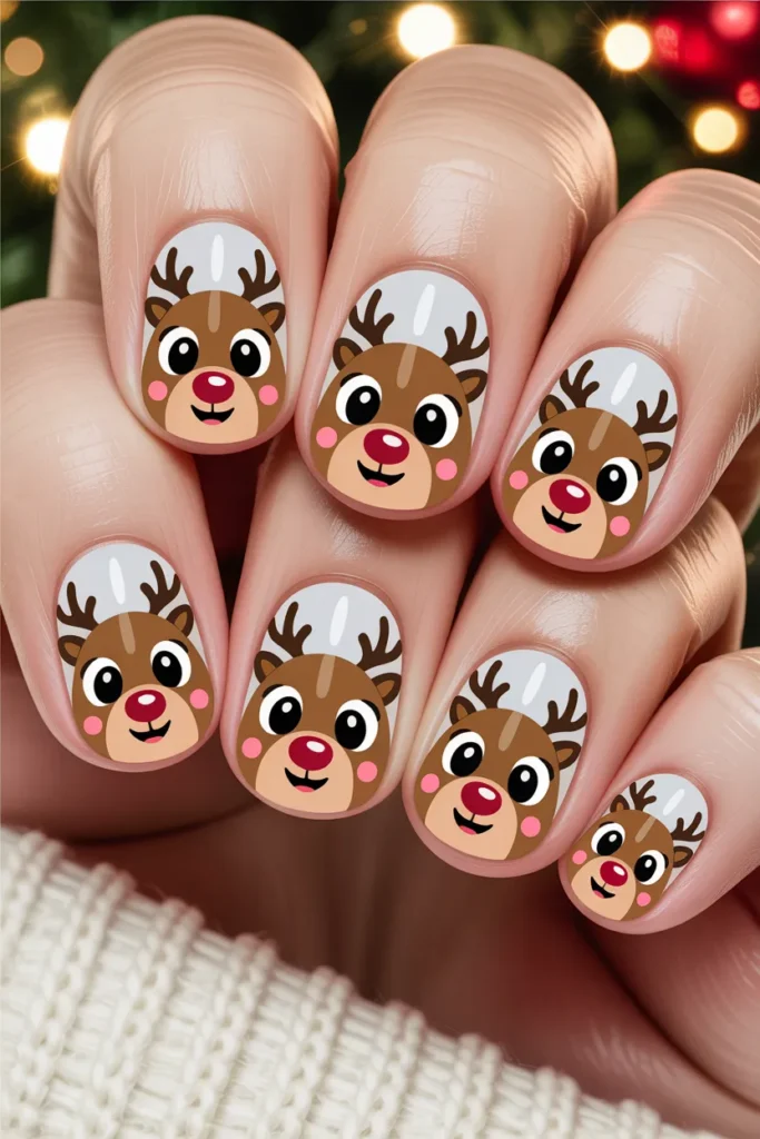 reindeer nail art with red nose, cartoon style