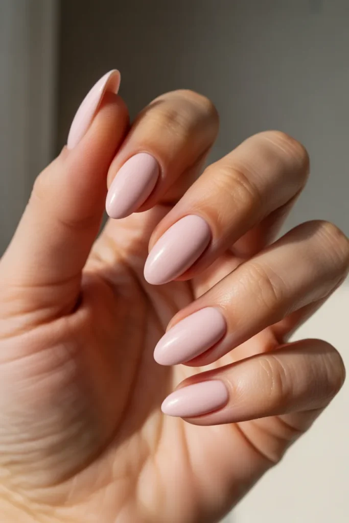 short almond nails, soft baby pink solid color