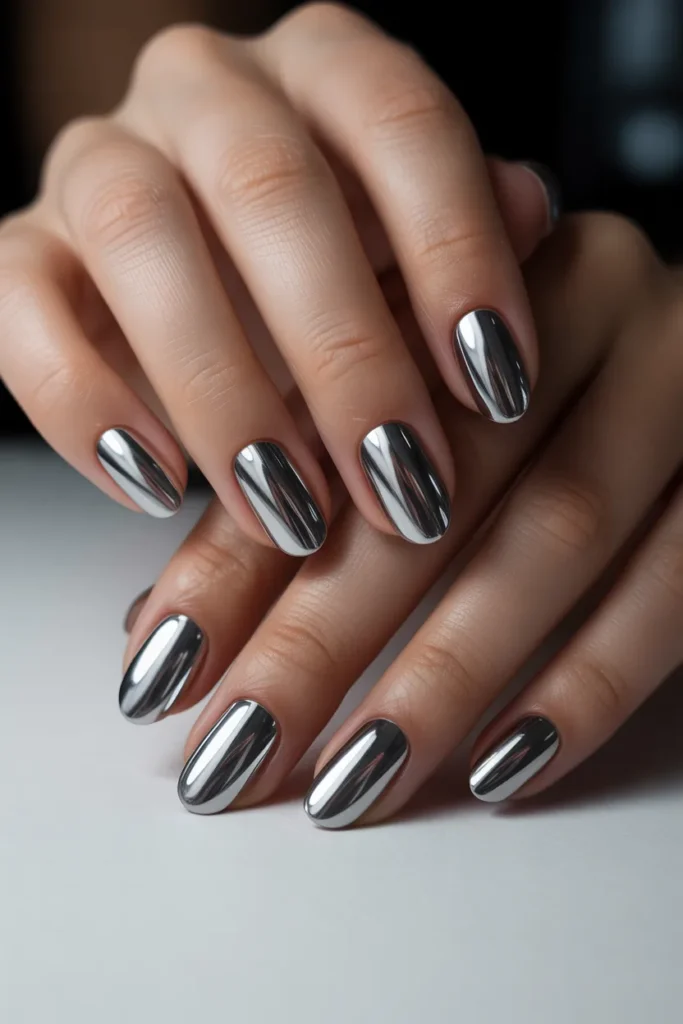 silver chrome nails reflective finish
