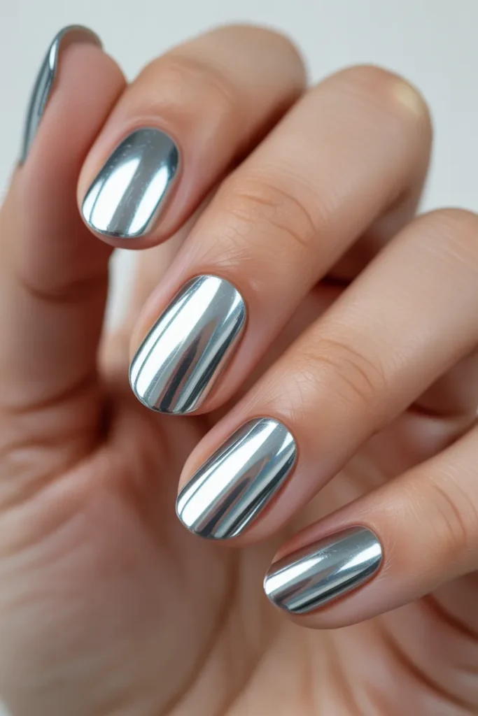 silver chrome nails, reflective metallic finish