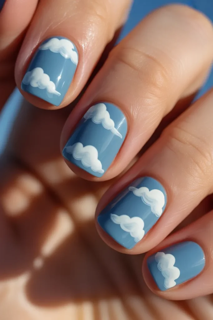 sky blue nails with white cloud designs