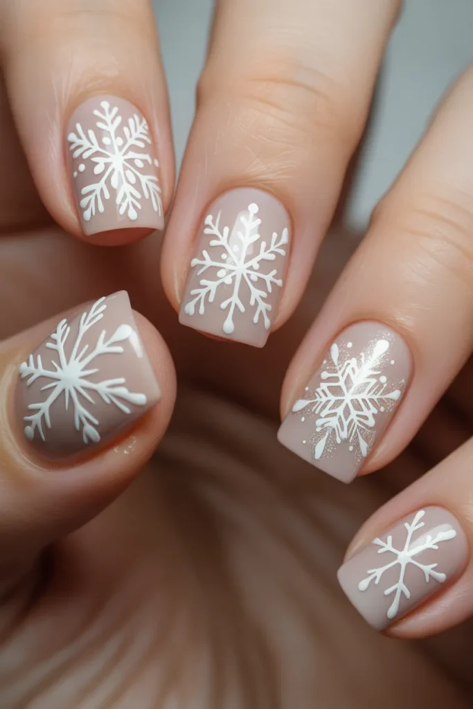 snowflake nail art, white designs on nude base
