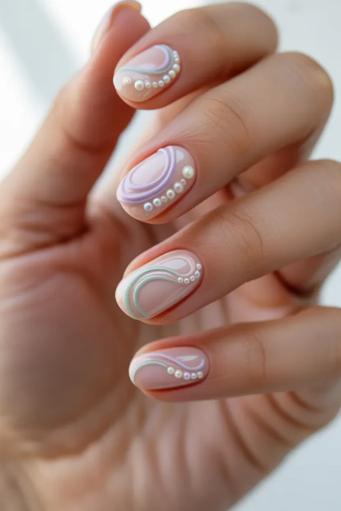 swirl nail design with pearls following the curves