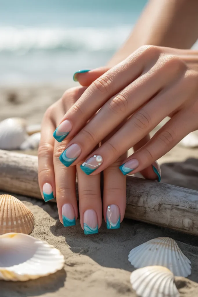 teal french tip nails