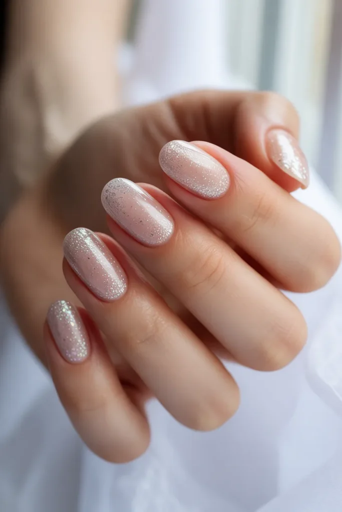 transparent nails with glitter gradient tips, soft sparkle effect
