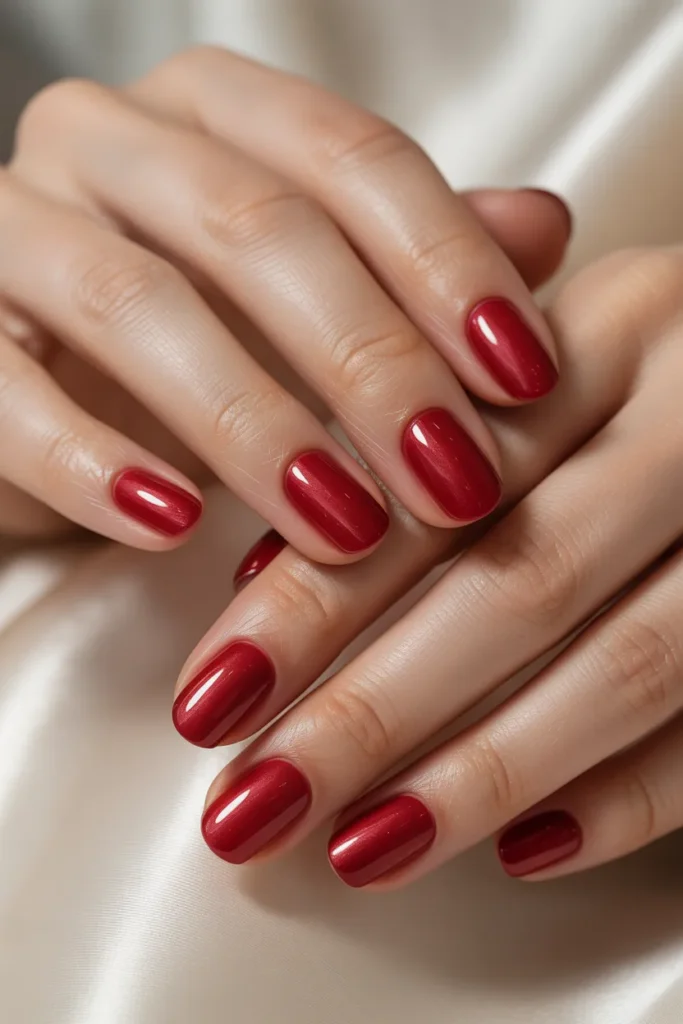 velvet red nails, soft shimmer texture
