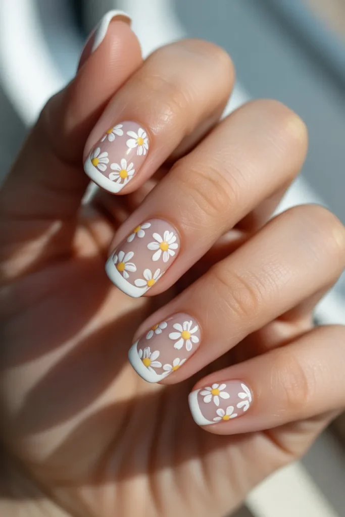 white french tip nails with small floral art