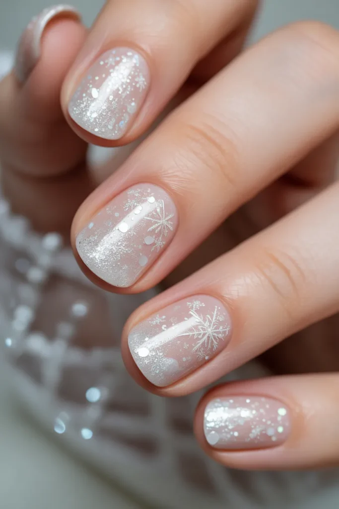 white glitter nails, snow effect