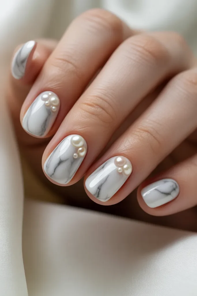 white marble nails with pearl accents