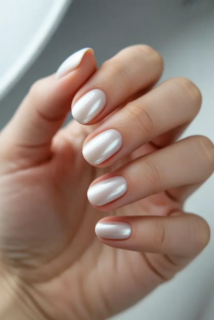 white nails, soft shimmer