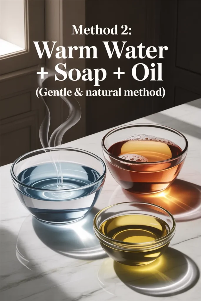 Warm Water + Soap + Oil (Gentle & Natural Method)