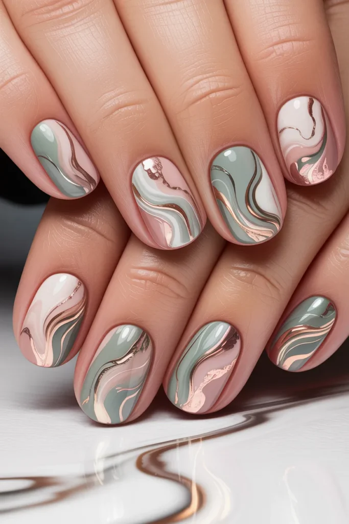 abstract marble nails, artistic swirl pattern