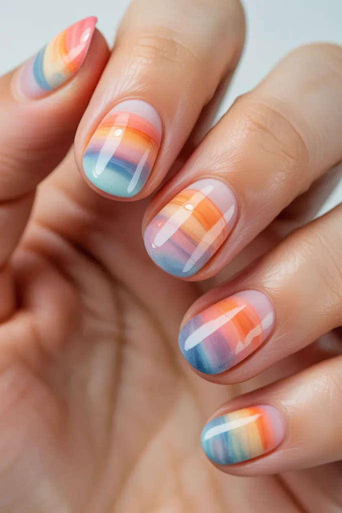 beach sunset watercolor nails, orange pink blue blend