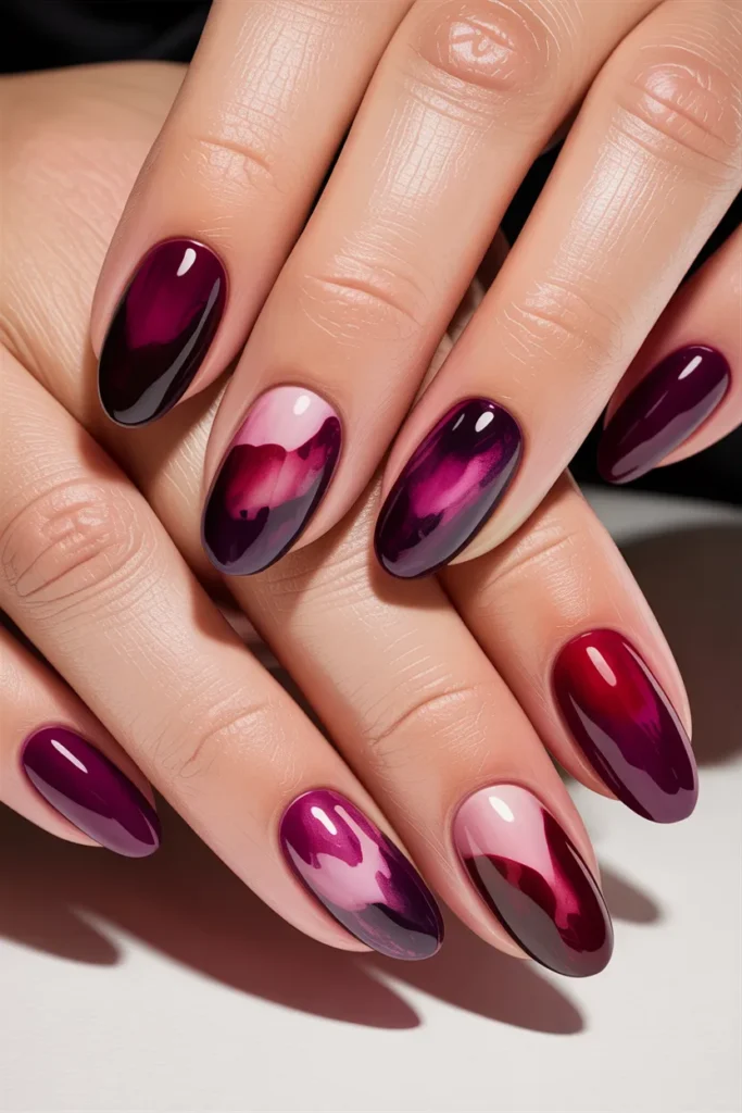 berry watercolor nails, plum raspberry wine tones