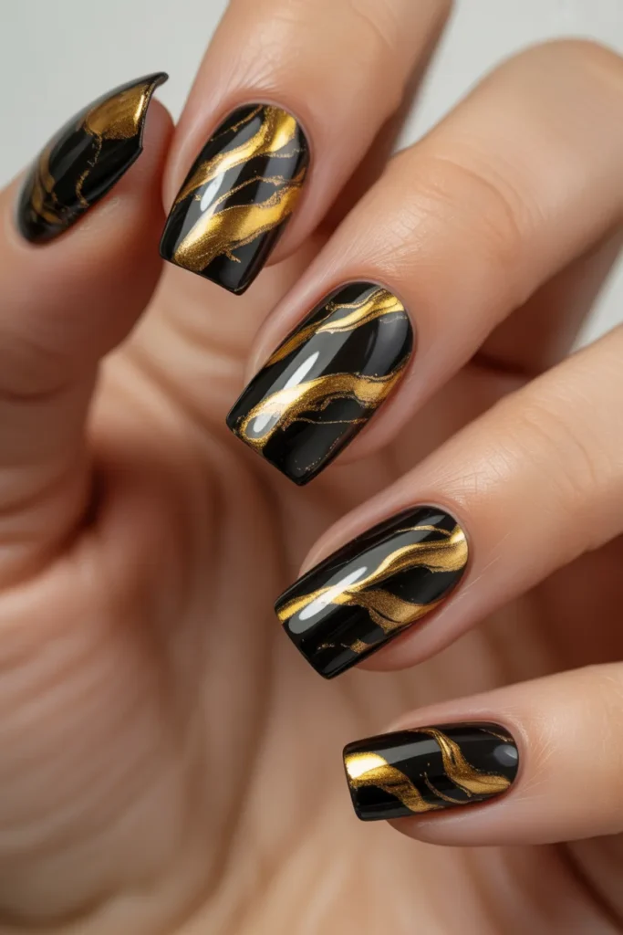 black gold marble nails