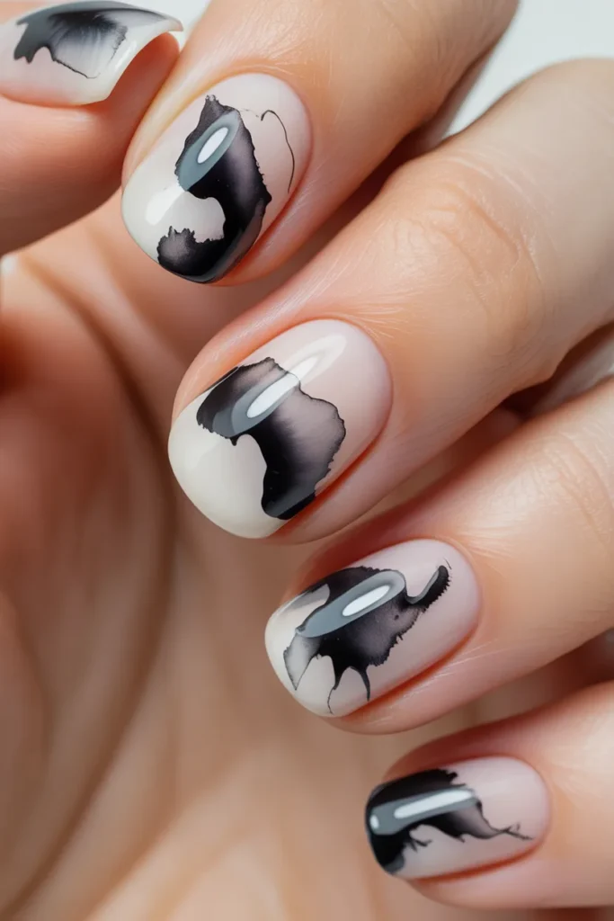  black watercolor nails, ink spread effect