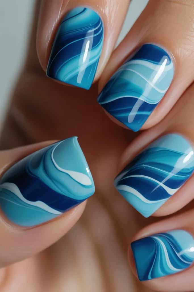 blue ocean water marble nails, wave pattern