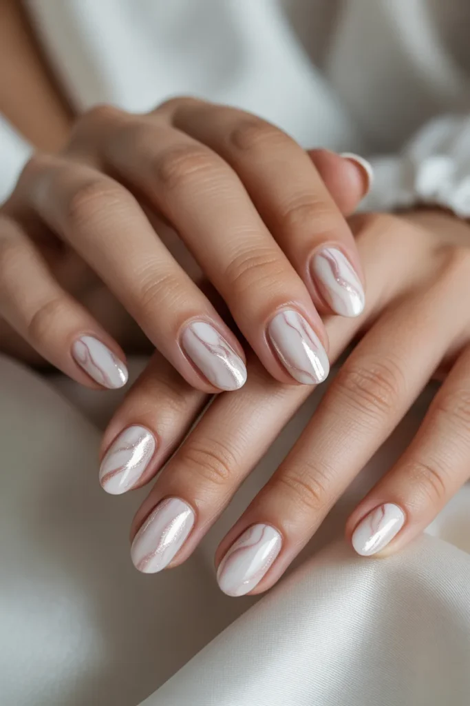 bridal marble nails, soft pink white shimmer
