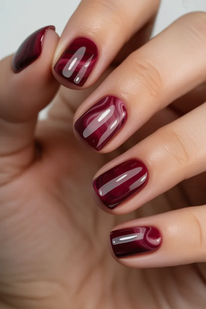 burgundy marble nails, deep red swirl glossy