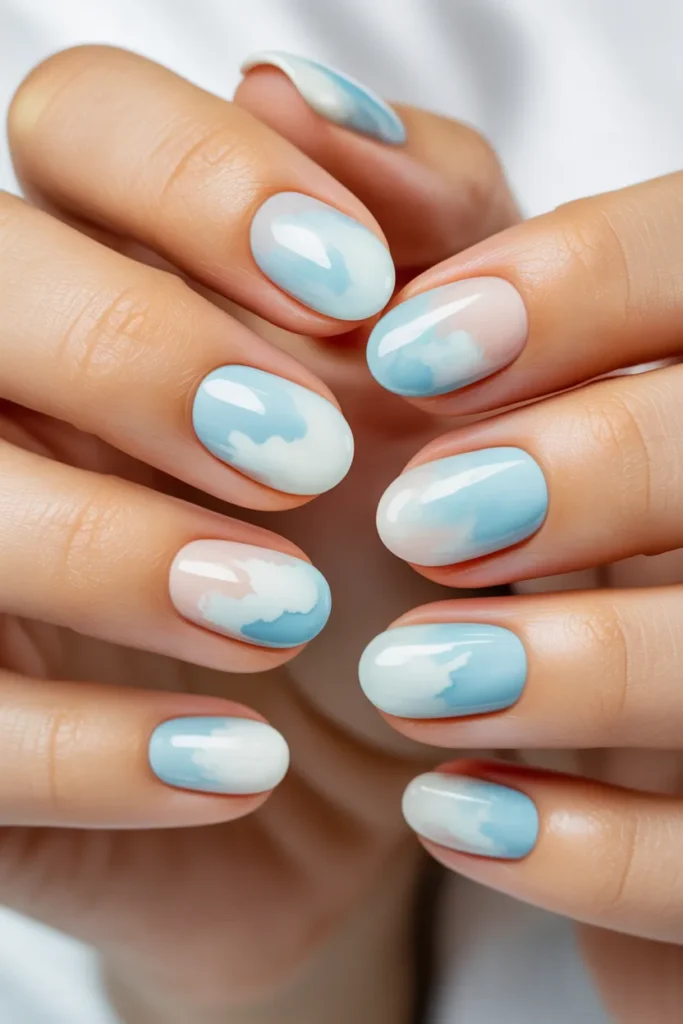 cloud watercolor nails, baby blue white soft blend