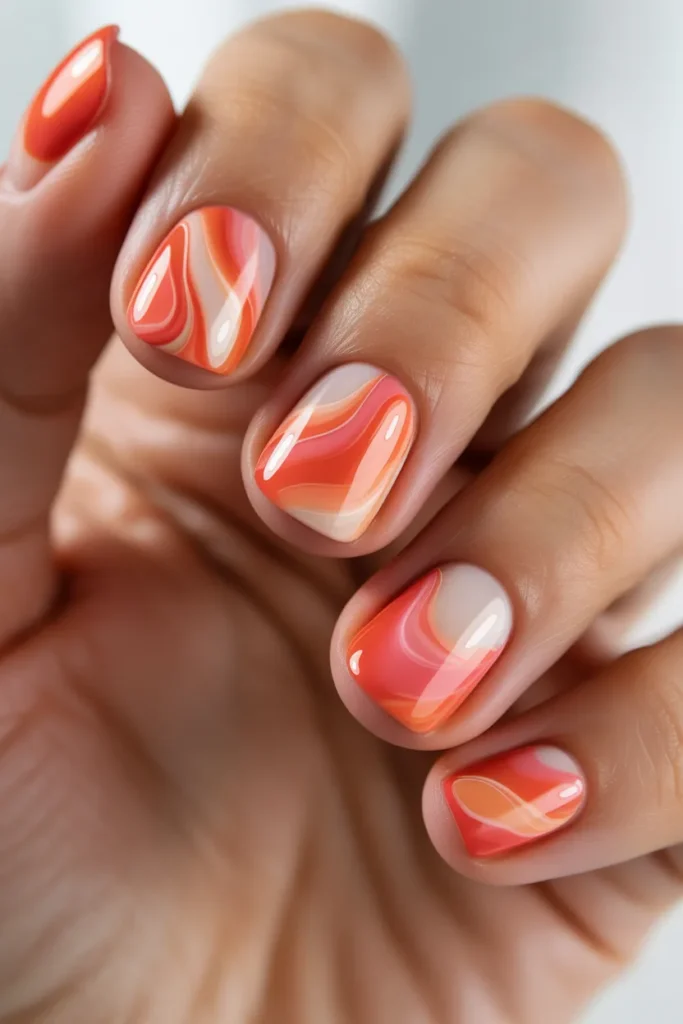 coral marble nails, vibrant swirl glossy