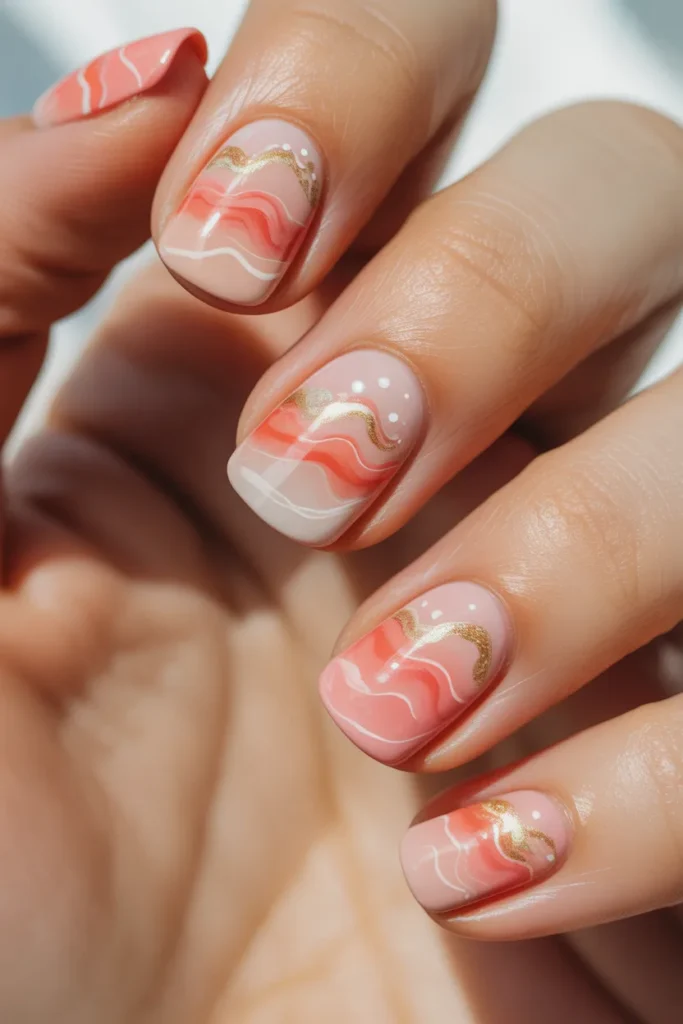 coral watercolor nails, pink coral gold shimmer