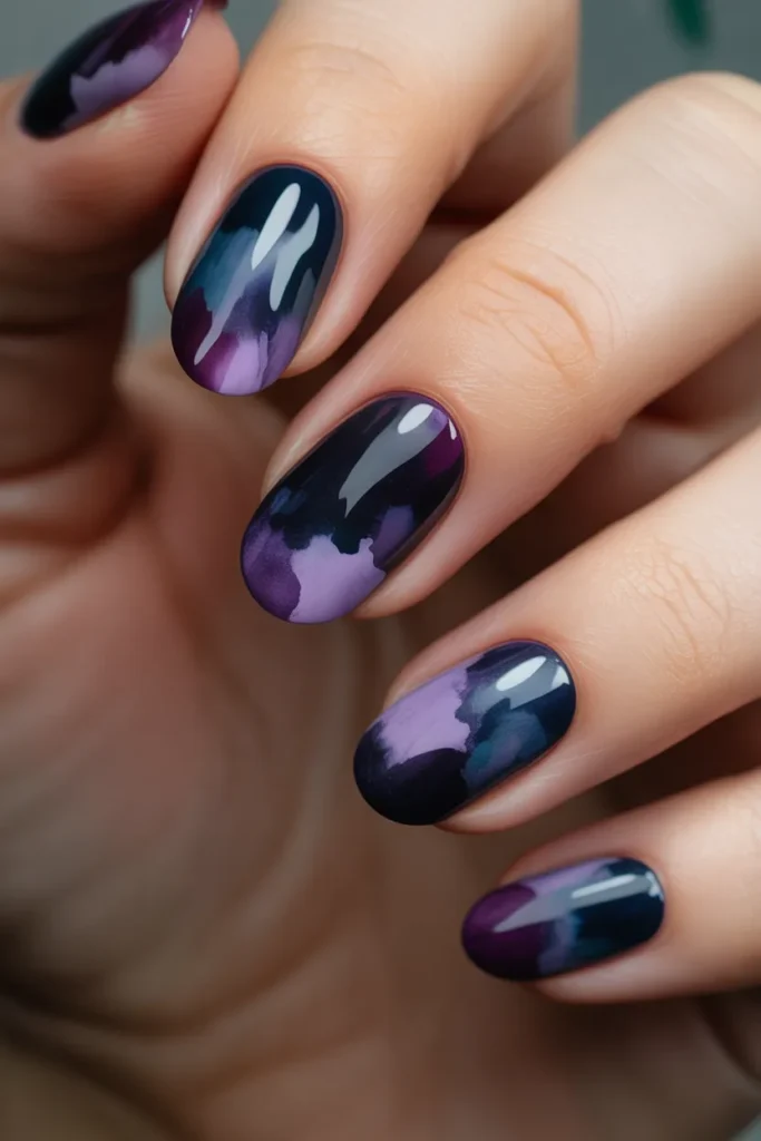 dark watercolor nails, black navy purple blend