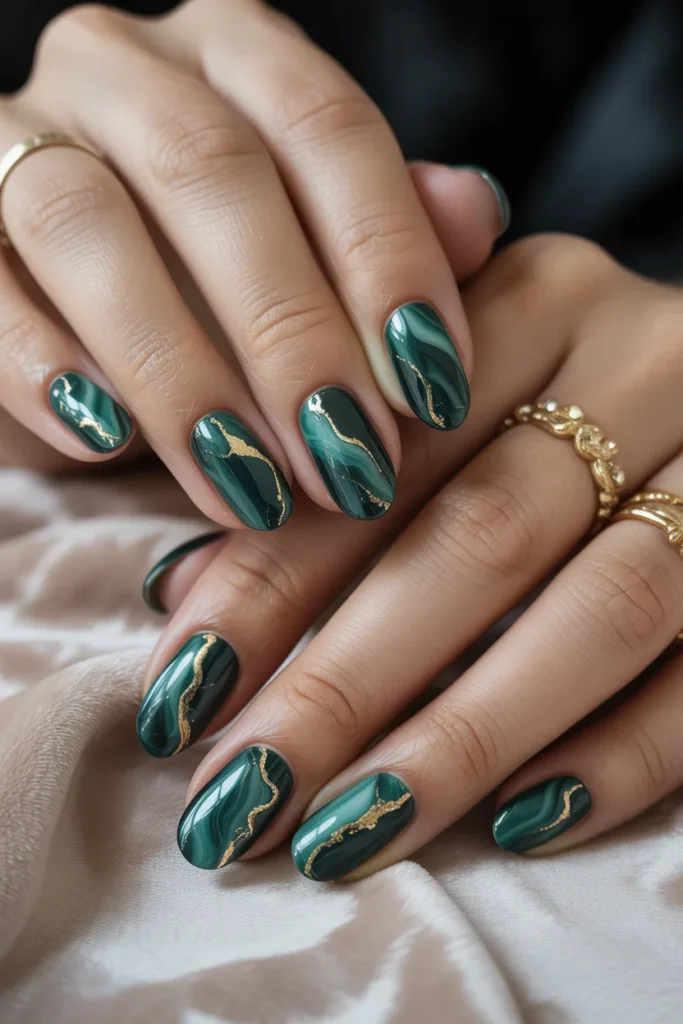 emerald green marble nails, gold accents