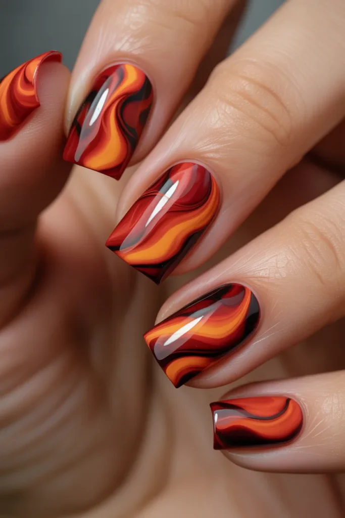 fire flame marble nails, red orange black swirl