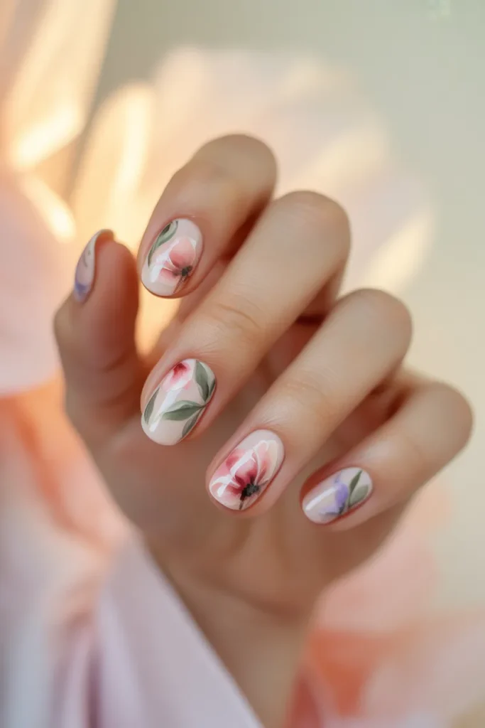 floral watercolor nails, pastel background, pink flower details