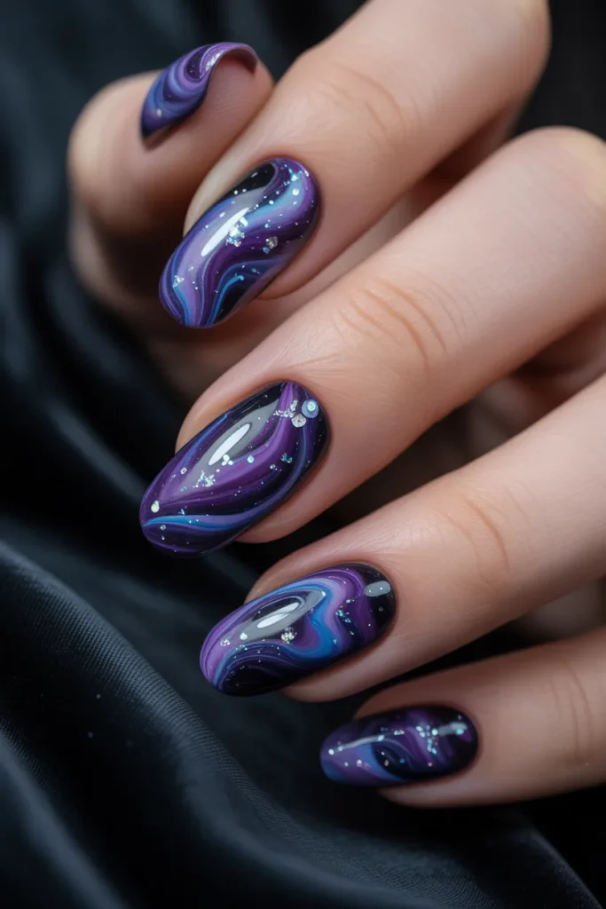 galaxy water marble nails, dark purple blue black glitter swirl